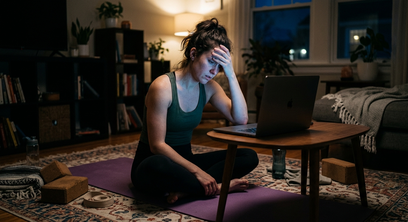 Woman sitting alone on yoga mat at night, frustrated while watching a yoga tutorial on her laptop